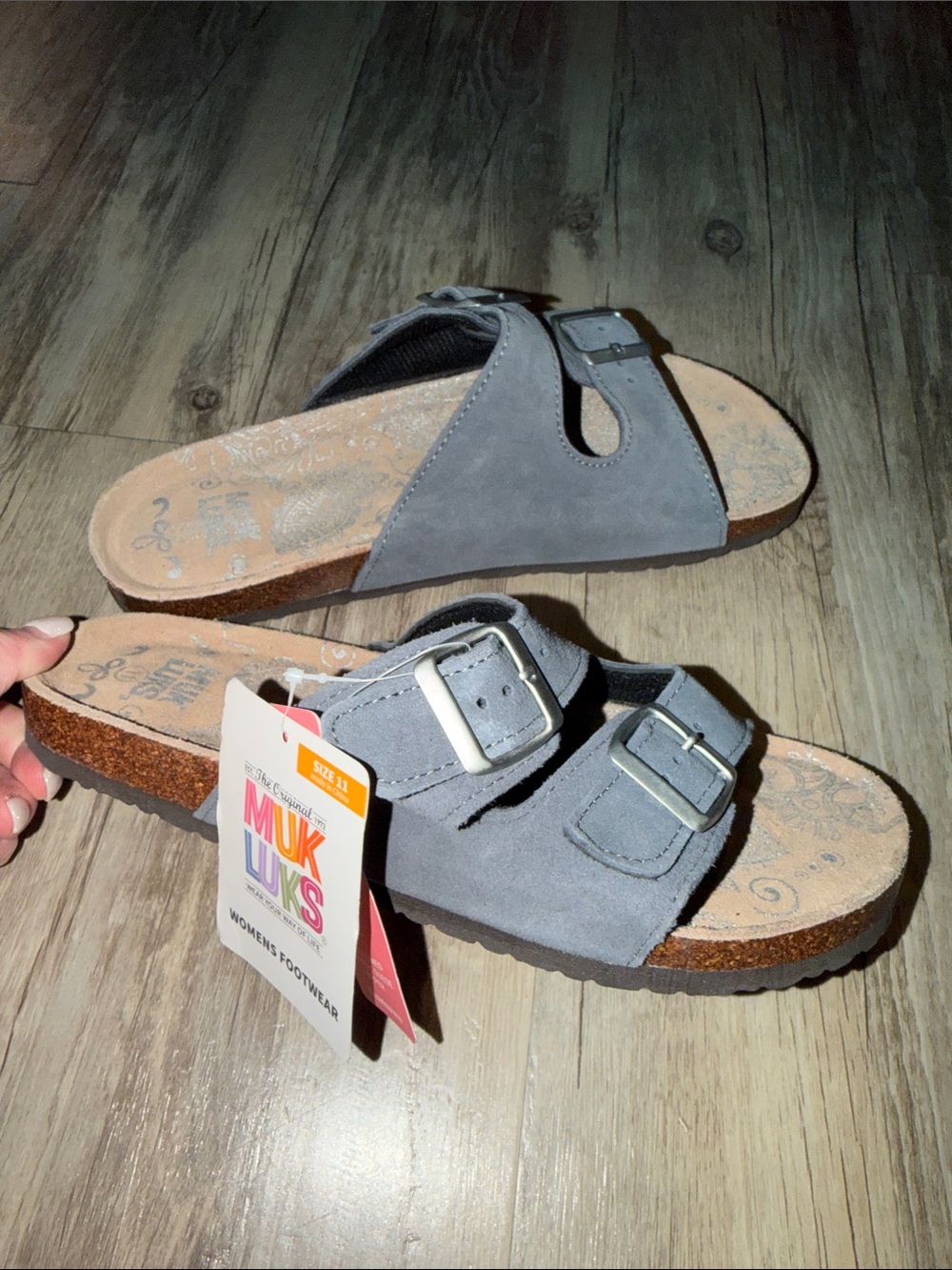 Muk Luks Women's Gray Double-Buckle Suede-Look Slide Sandals